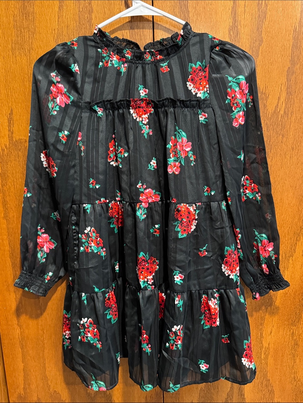 Cat & Jack Black Tiered Dress with Red & Green Floral Print